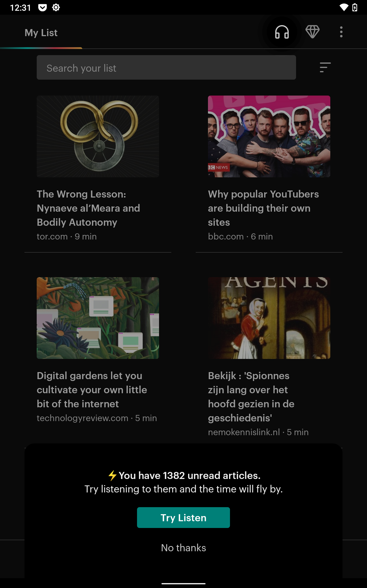 Screenshot of Pocket to-read list with 1382 unread articles