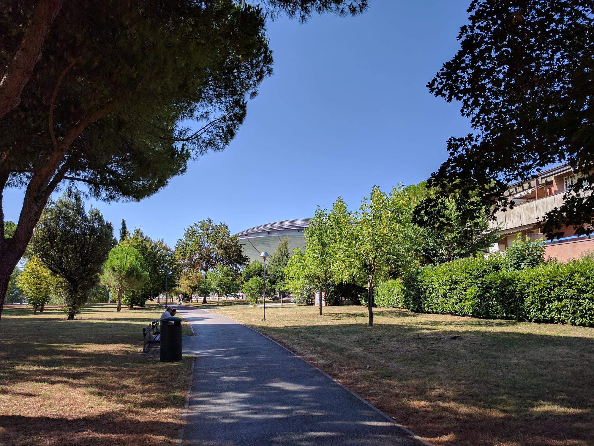 The EuroPython 2017 location (PalaCongressi di Rimini (PCR)), seen from the park next to it